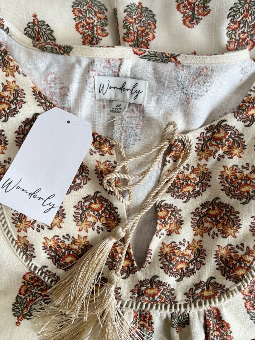 Wonderly Cream Peasant Top with Rust Floral‎ Motif Cottagecore Boho Size M - Picture 10 of 11
